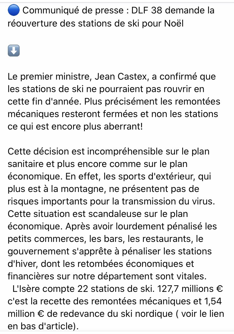 DLF_38's tweet photo. 🔵 Communiqué de presse : DLF 38 demande la réouverture des stations de ski ⬇️ https://t.co/xyDZcxdkxx