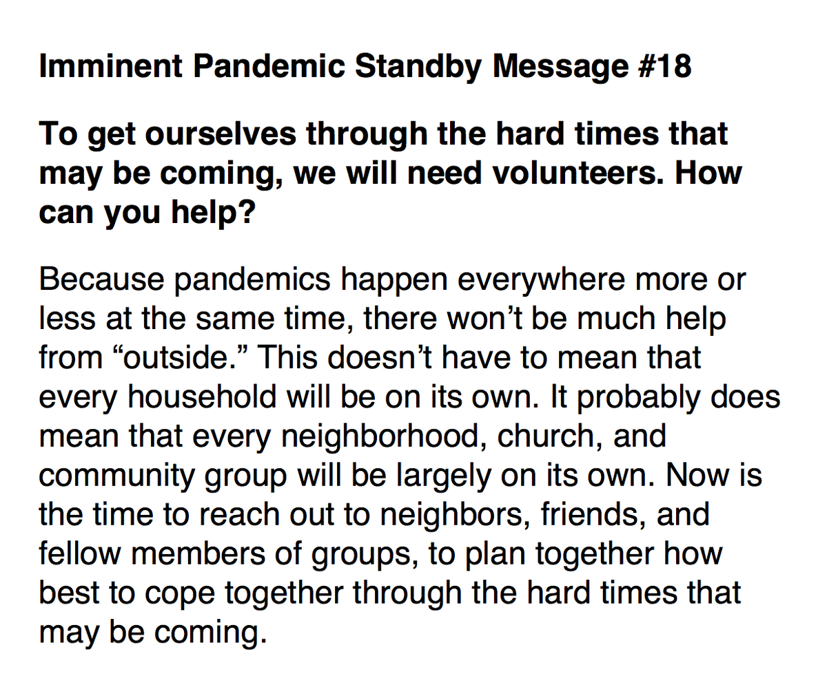 another recurring theme throughout sandman and lanard's recommended pandemic messaging — which is starkly absent from actual government messaging — is getting people to think socially instead of individualistically, and depend more on each other and less on government systems