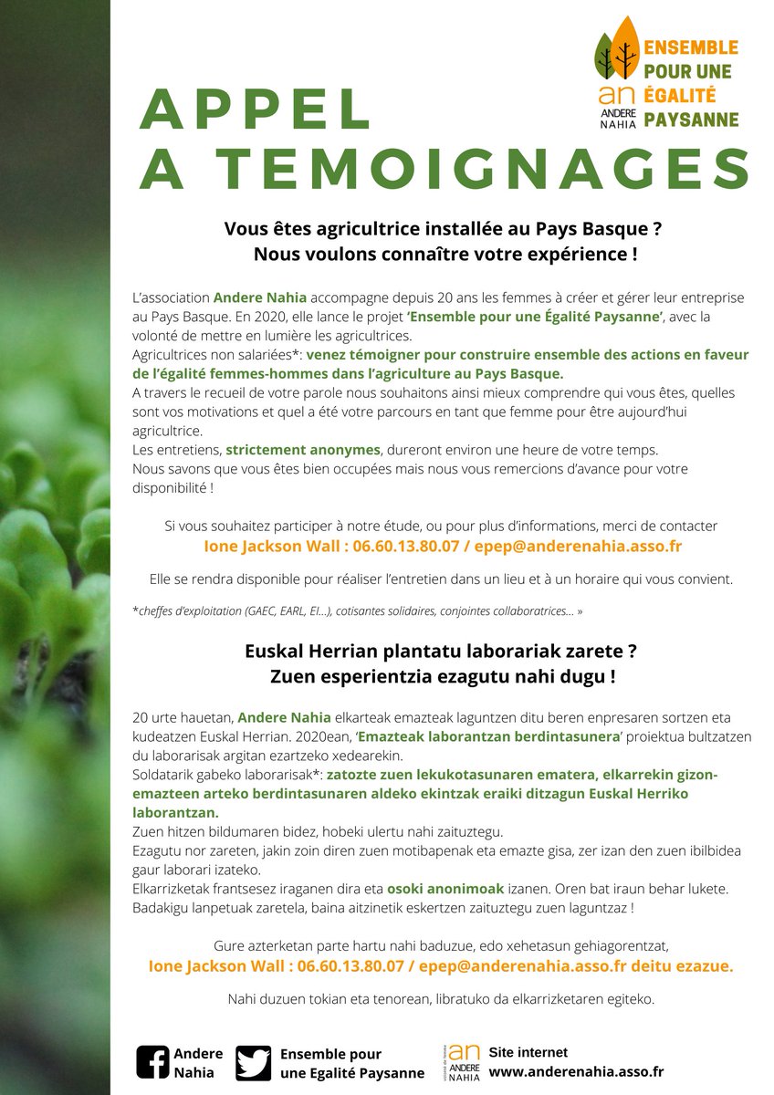 Agricultrices installées au Pays Basque : venez témoigner ! Nous avons besoin de vous pour construire ensemble l'égalité paysanne !!😃Contactez Ione Jackson Wall, notre chargée d'étude sociologique : 06.60.13.80.07 / epep@anderenahia.asso.fr
MERCIIIIIII ❤️MILESKEEEEER❤️