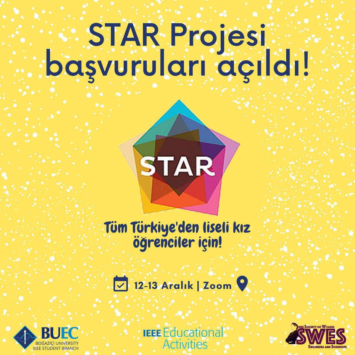 Tüm Türkiye’den liseli kız öğrencileri mühendislik, teknoloji ve bilim gibi erkek egemen görülen alanlarda kariyer sahibi olmaları için erken yaşlardan başlayarak cesaretlendirmek amaçlayan STAR projemize başvuru için son gün 5 Aralık! forms.gle/78RwVeDkX1Jo2Z…