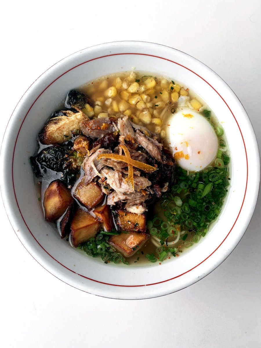 SlurpAnnArbor's tweet photo. Duck 2020 Ramen — duck confit, shio broth w/ duck jus, caramelized onions, Japanese sweet potato, fried brussels sprouts, buttered corn, poached egg, scallion. Garnished w/ candied orange peel, orange zest, garlic, chive-duck fat oil, togarashi #blackfriday #tgif #duck2020 https://t.co/kNqJYupRSG