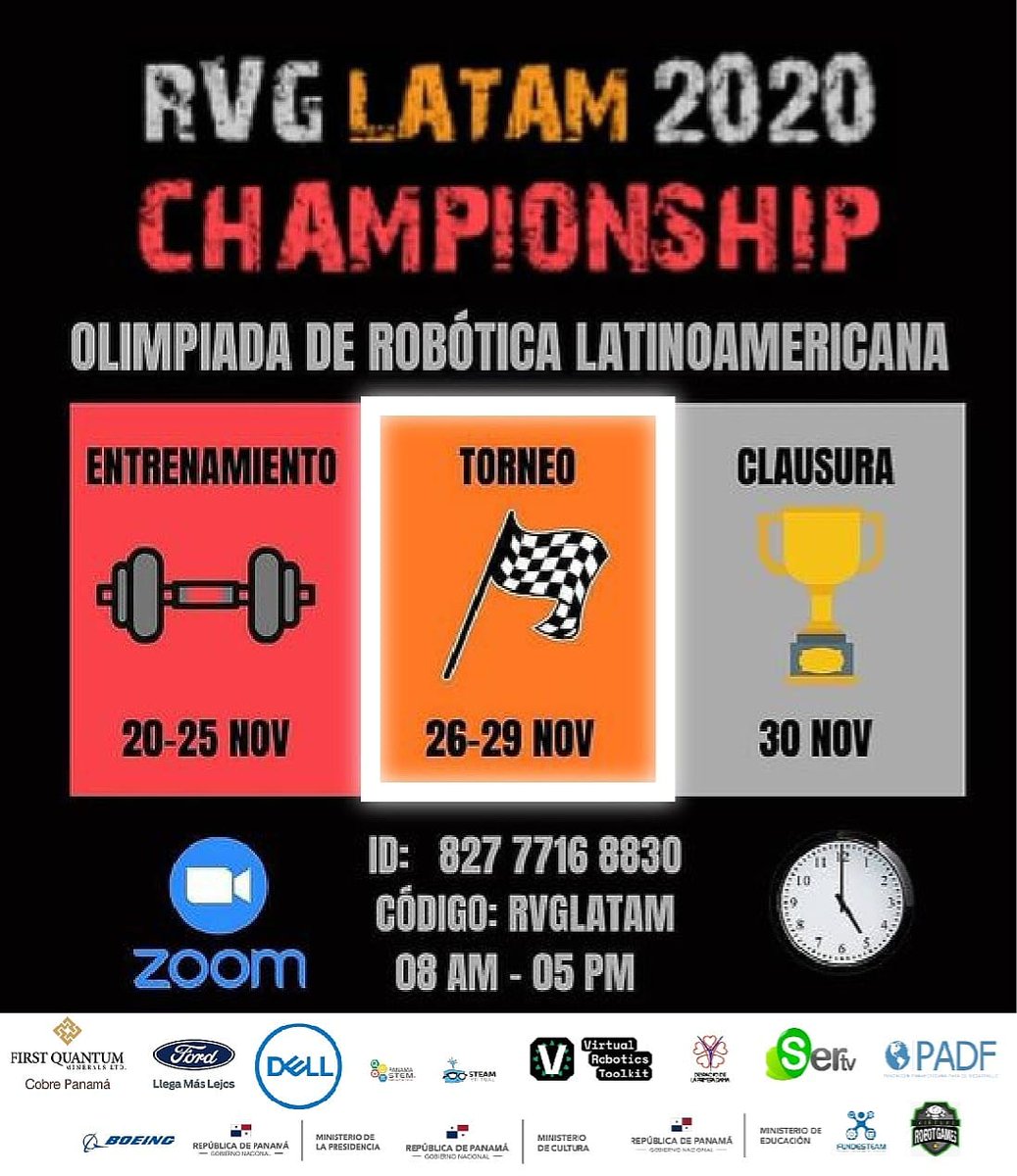 RobotVirtualgam's tweet image. Segundo día ¡¡COMENZAMOS!!
OLIMPIADA NACIONAL DE ROBÓTICA STEAM LATINOAMÉRICA - RVG 2020. 
@BoeingSpace @PADForg @Dell
@stemdotorg @MiCulturaPma
@MeducaPma @PrimeraDamaPma
@SERTVPANAMA @Cobrepanama
@Ford_CA
@Cobre_Panama