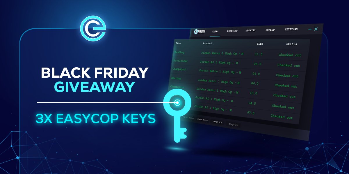 EasyCopBots's tweet image. 🚨NO RESTOCK on Black Friday🚨
But Here's a MASSIVE GIVEAWAY - 3 WINNERS 💥

RT &amp;amp; Follow to WIN 1/3 Exclusive EasyCop Keys🔑

Great results on the Big Bang Foamposite 1 today
72% success rate &amp;amp; going up📈