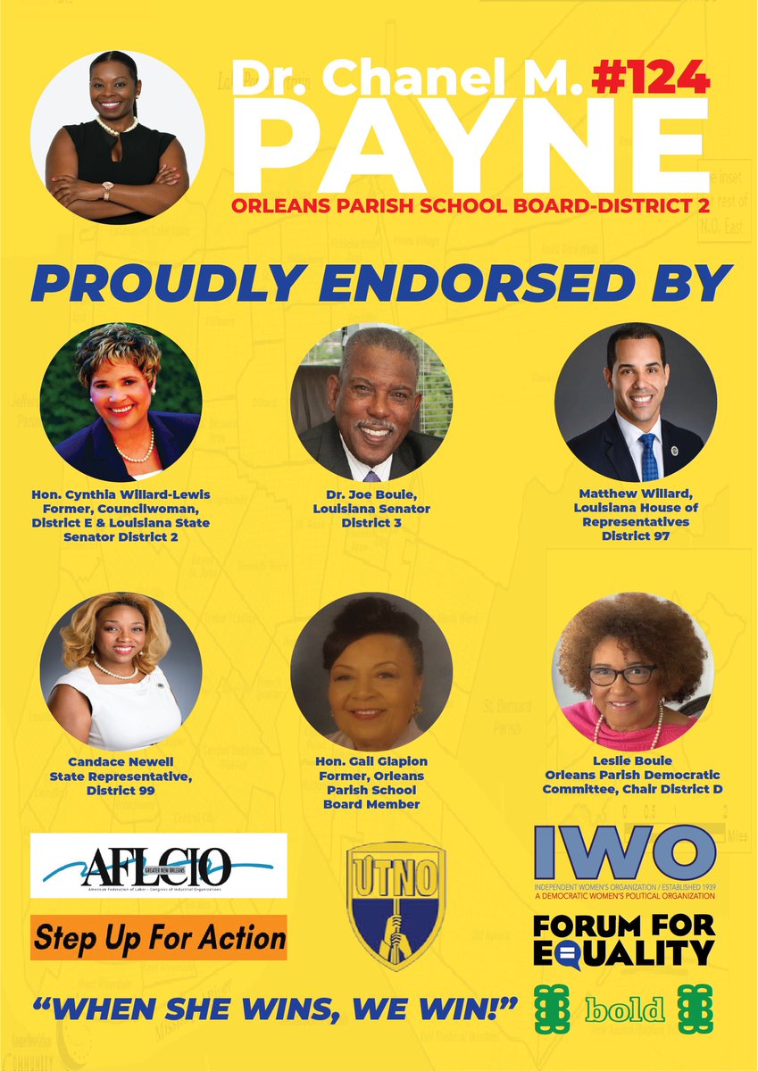 DrChanelMPayne's tweet photo. Thank you all for your endorsements of my campaign. @ElectDrCMPayne Early Voting: continues and ends November 28th Runoff Election: December 5th #electdrchanelmpayne #whenshewinswewin #thechildrenschamp #itsamovement #vote124 #itsarunoff #opsbdistrict2 https://t.co/okBTmHUUBl