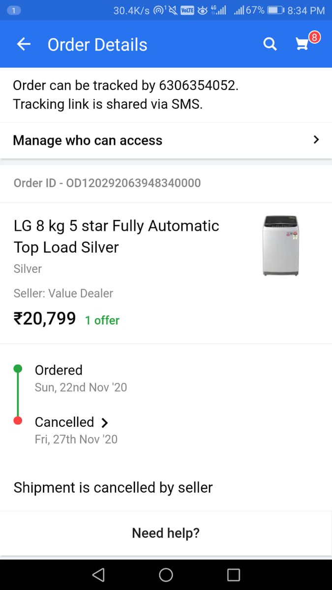 Hi team @Flipkart really disappointed with your service, Placed order for LG 8 kg 5 star fully Automatic Top Load Silver Washing Machine on 22nd November 2020 but today the order got cancelled. (1/2) @FlipkartSellers