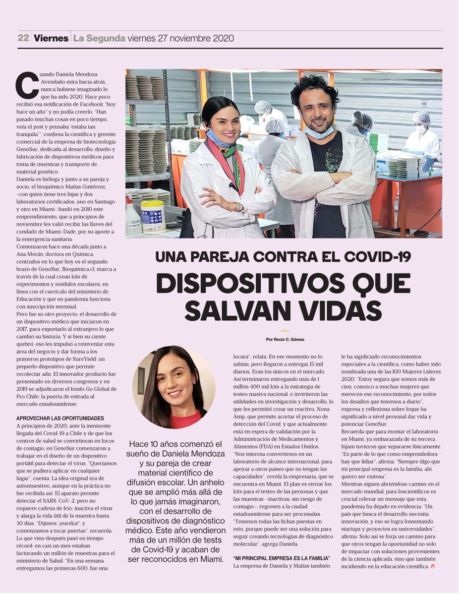 uchile's tweet photo. [UCHILE en la Prensa] Daniela Mendoza, egresada @usach, y Matías Gutiérrez, egresado U. de Chile, son "una pareja contra el COVID-19" con dispositivos que salvan vidas, como consigna @La_Segunda de hoy. Conoce la experiencia e innovaciones generadas por su empresa #GenoSUR aquí https://t.co/zJI2Csgvut