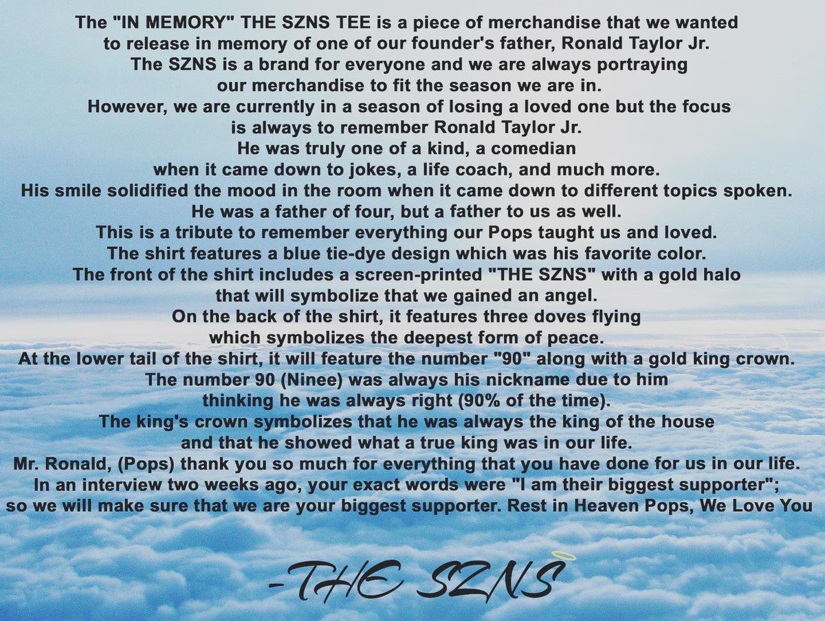 thesznsshop's tweet photo. Dear Pops, we love you. 

Thanks for supporting us since we launched and being our biggest supporter. The GoFundMe link will be in our bio as well. 

During these circumstances, we would love for a share - a repost to spread the love of Ronald Taylor Jr.

God Bless. 

-THE SZNS https://t.co/jbMHIyXNIX