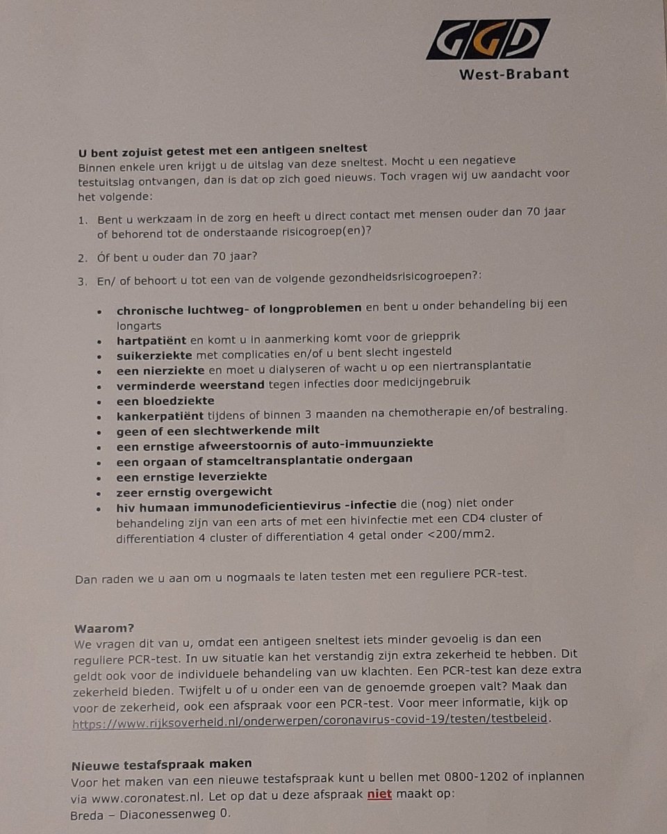 Vandaag na de #Coronatest in Breda een brief dat o.a. alle ouderen en mensen in een risicogroep zich elders opnieuw moeten laten testen omdat ze net met een minder gevoelige test getest zijn. Deze groepen 2 keer laten opdraven kan echt niet. Zorgt voor extra risico en vertraging.