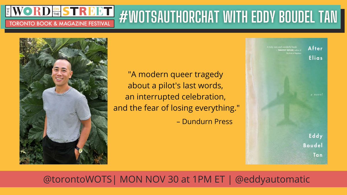 dundurnpress's tweet photo. Don't miss @torontoWOTS's author chat with @eddyautomatic on Monday Nov 30th at 1PM (EST) where they will be discussing his spectacular debut novel AFTER ELIAS โ๏ธ #WOTSauthorchat https://t.co/jJ9UzrJ8tC