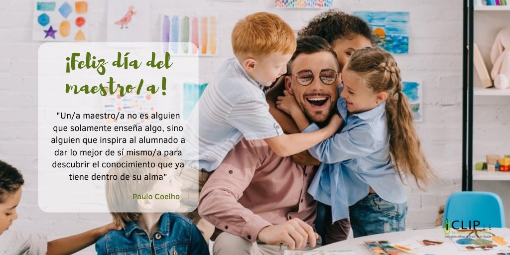 CentroClip's tweet photo. 🎊 ¡Feliz día mundial del/la maestro/a! 🎊

"Un/a maestro/a no es alguien que solamente enseña algo, sino alguien que inspira al alumnado a dar lo mejor de sí mismo/a para descubrir el conocimiento que ya tiene dentro de su alma."

(Paulo Coelho)

¡Felíz día a todos/as! 😄😄 https://t.co/aX8a2C0SJ8