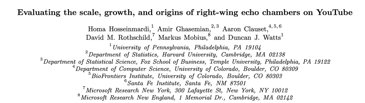 Excited to share a new preprint "Evaluating the scale, growth, and origins of right-wing echo chambers on YouTube", with great  @Amir_Ghasemian &  @aaronclauset &  @markusmobius &  @DavMicRot &  @duncanjwatts: http://arxiv.org/abs/2011.12843&nbsp; Here’s a little summary: 1/10