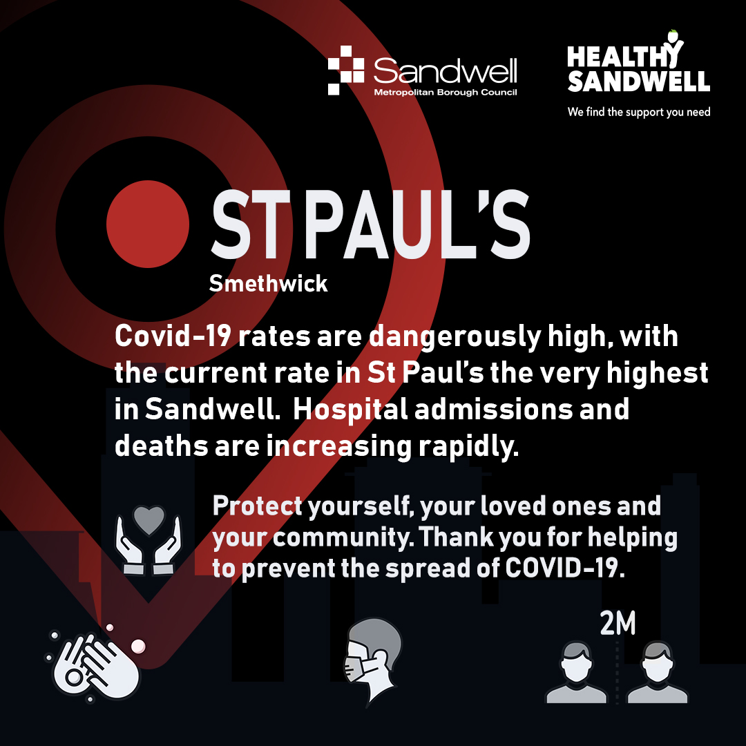 sandwellcouncil's tweet photo. ⚠️WARNING FOR RESIDENTS IN ST PAUL'S, SMETHWICK⚠️

The St Paul's area of #Smethwick has the highest rate of Covid-19 infections in all of Sandwell.

More than 100 people in this single ward have tested positive for Covid-19 in just seven days - three times the national average. https://t.co/68hgLRgXoy
