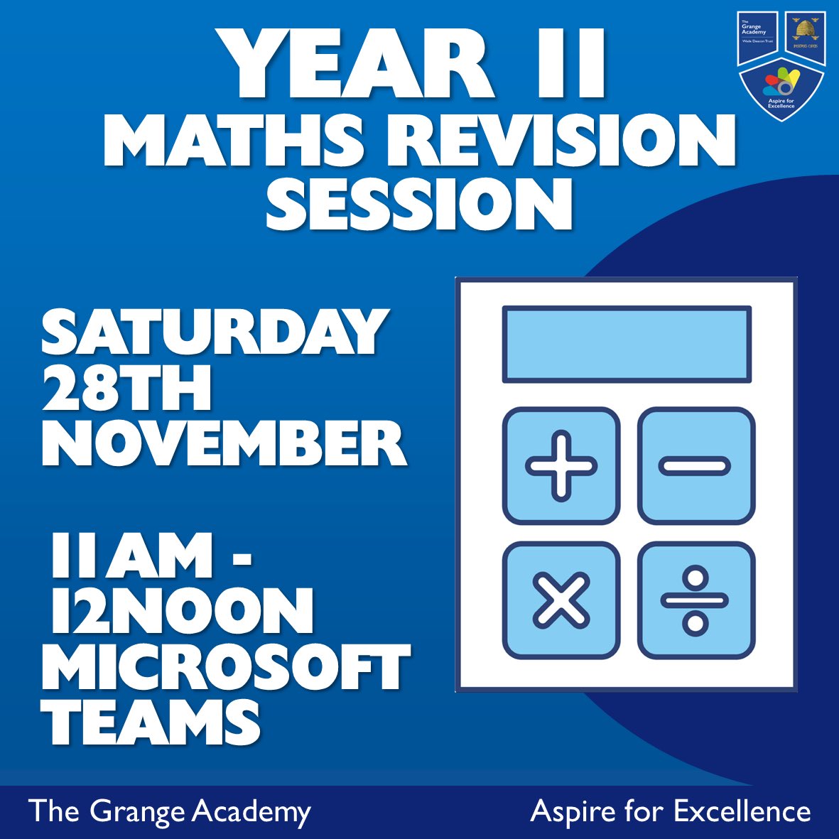 Grange_School's tweet photo. A reminder to Year 11 students that there will be a Maths revision session tomorrow, 11am – 12noon on Microsoft Teams. Mrs Bibby will be leading the session for higher tier students, with Mr Gillan leading the session for foundation tier. #revision #mockprep #saturdayrevision https://t.co/1QwMRmZYZB