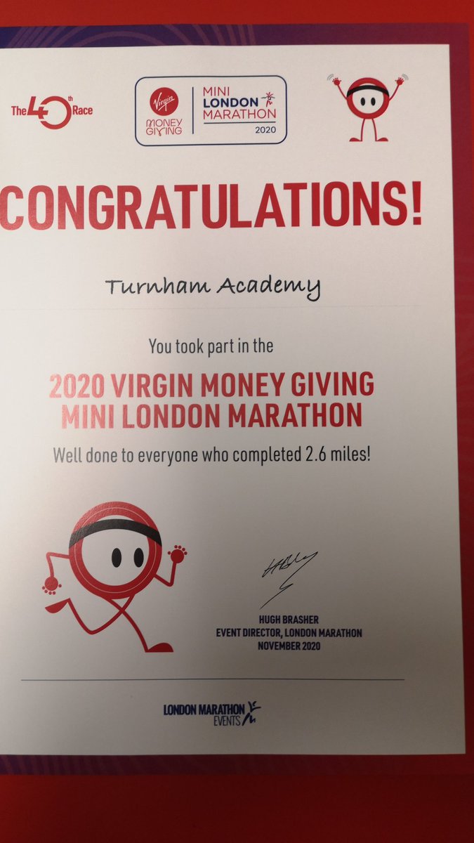 TurnhamPrimary's tweet photo. Delighted to receive our certificate from @LondonMarathon for our participation in the #virtualminimarathon. We will proudly put this on display for all to see. https://t.co/Yw6DLUkw55