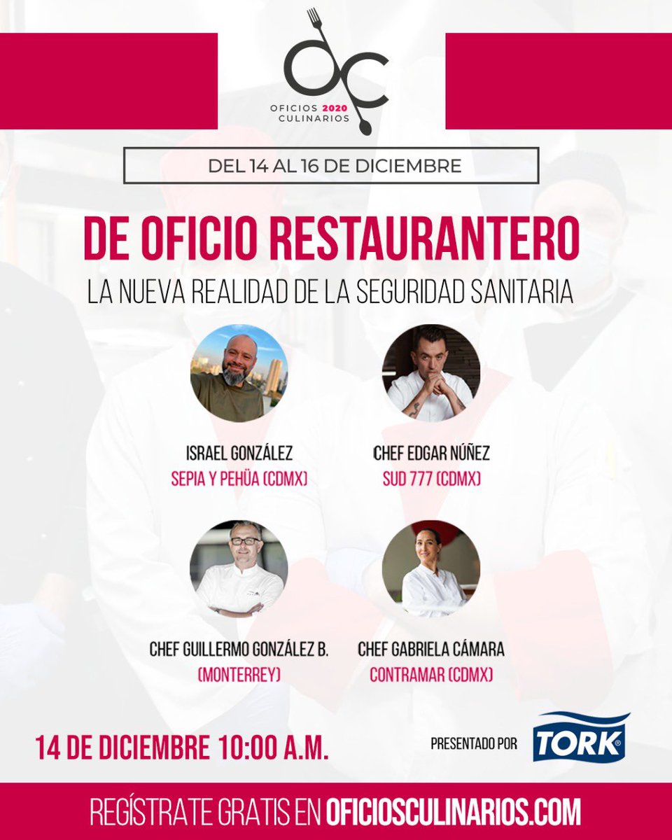 Del 14-16 de diciembre llevaremos a cabo la 2 edición de #OficiosCulinarios abrimos el congreso #enlinea con De Oficio Restaurantero La Nueva Realidad de la Seguridad Sanitaria. 10:00 am con <a href="/IglLeon/">Israel Gonzalez Leon</a> <a href="/GGBeristain/">Guillermo Gonzalez Beristain</a> <a href="/EdgarNunezM/">édgar núñez i magaña </a> #GabrielaCamara informes oficiosculinarios.com