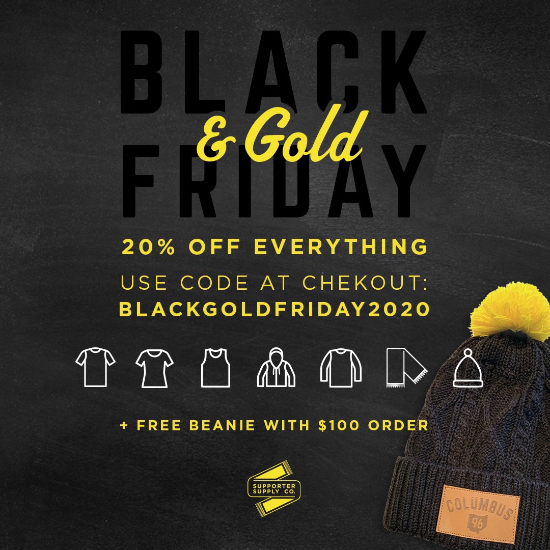 SupporterSupply's tweet photo. It’s Back (&amp; Gold) Friday!
Shop local, and 20% off our entire site.

Use code:
BLACKGOLDFRIDAY2020 at checkout.
🛍 🏷 🛒 🖤💛

Plus... get a free knit beanie with orders of $100+ 😎

https://t.co/BSexwlq39z

#shoplocal #crew96  #blackfriday #blackandgoldfriday https://t.co/WrVzKJOzGl