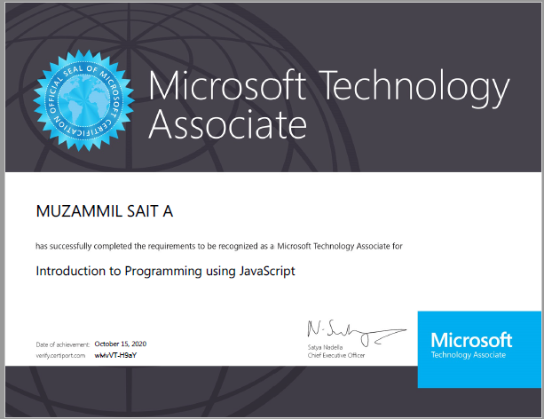 KCGIT1's tweet photo. Congratulations Mr. Muzammil Sait A for being recognised as Microsoft Technology Associate for introduction to Programming Using Java Script. https://t.co/lNRj7Md9SJ