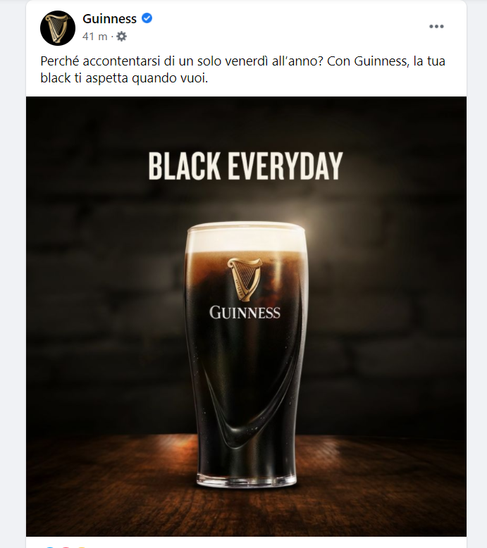 ----> https://t.co/g5Dx3Cerzf
Oggi si celebra il Black Friday. Quali prodotti stanno proponendo i più grandi brand italiani sui social media?
(nella foto, il post di Guinness su Facebook)
#BlackFriday #BlackFriday2020 https://t.co/gaDEfuTccO
