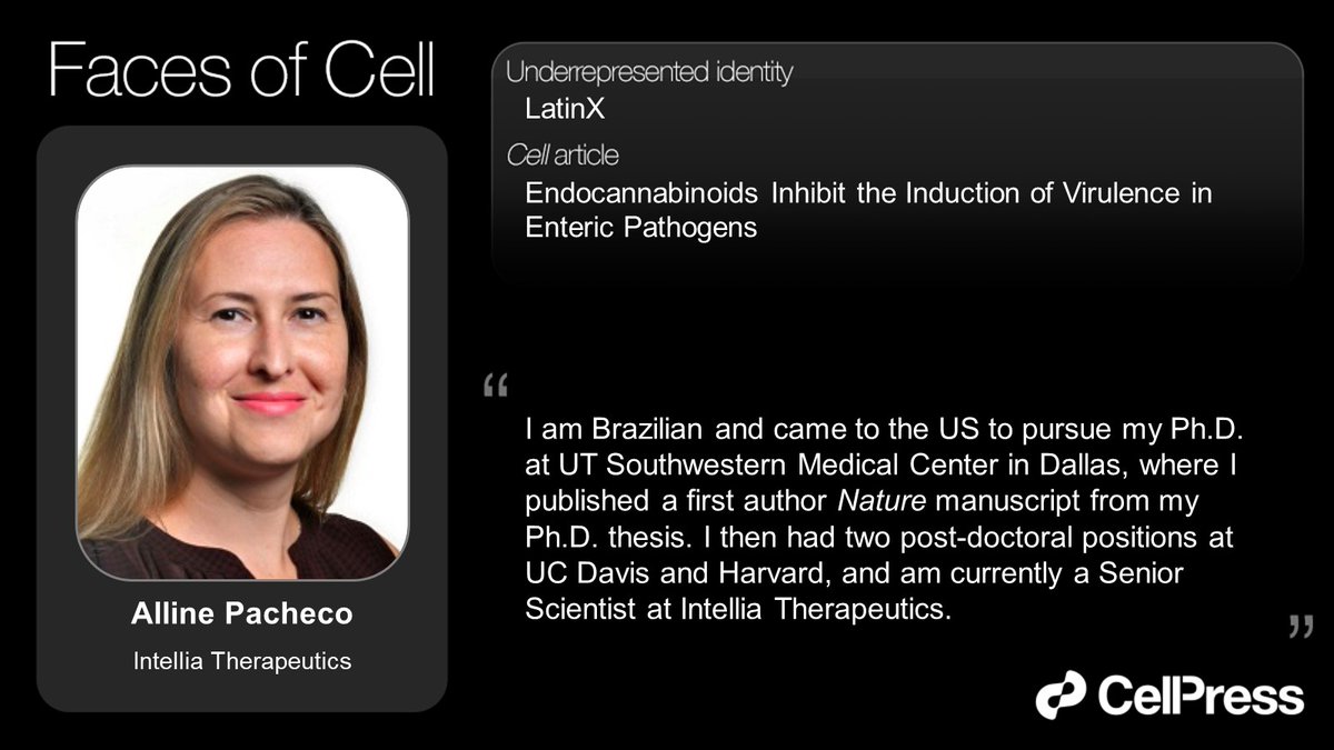 CellCellPress's tweet photo. Today’s #FacesOfCell author is Alline Pacheco. Read her @CellCellPress paper “#Endocannabinoids Inhibit the Induction of Virulence in #EntericPathogens” https://t.co/l7JcQ5LHGH https://t.co/L5MFe5F62m