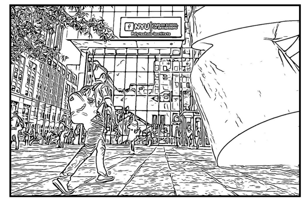 Drawing of the entrance to NYU Tandon's 6 Metrotech Center.

