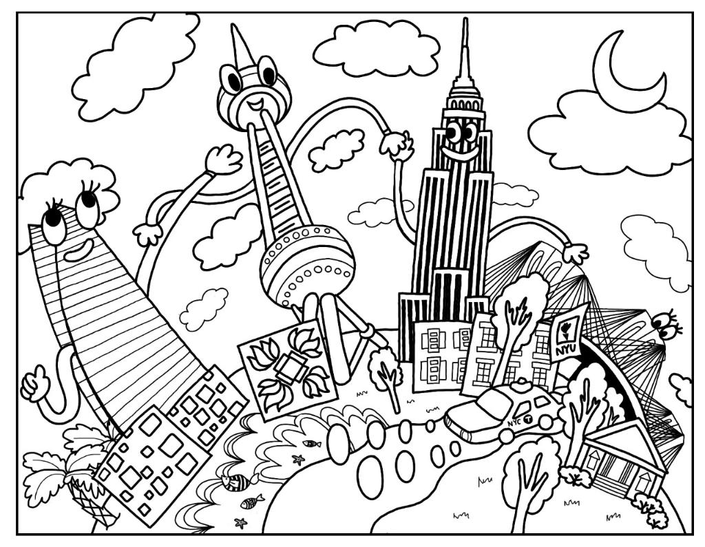 Drawing of Abu Dhabi's Etihad tower, Shanghai's Pearl tower, and New York's Empire State Building representing the global homes of NYU's three campuses.