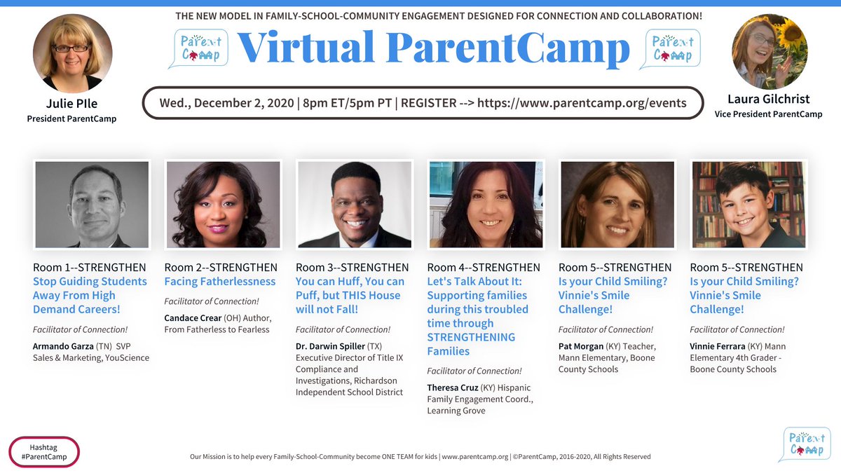 ParentCamp's tweet photo. Registration is open for 12/2 8pm ET/5pm PT Virtual #ParentCamp https://t.co/b04J6PFbeX Come join us &amp; bring a friend! 
#nt2t
#OhEdChat
#ParentCampChat
#PIAChat
#PLN365
#ResilienceChat
#Rethink_learning
#SchoolsReopening
#SpedChat
#StuChoice
#ThriveinEdu
#TXed
#Utedchat https://t.co/kI0pzhiVbO