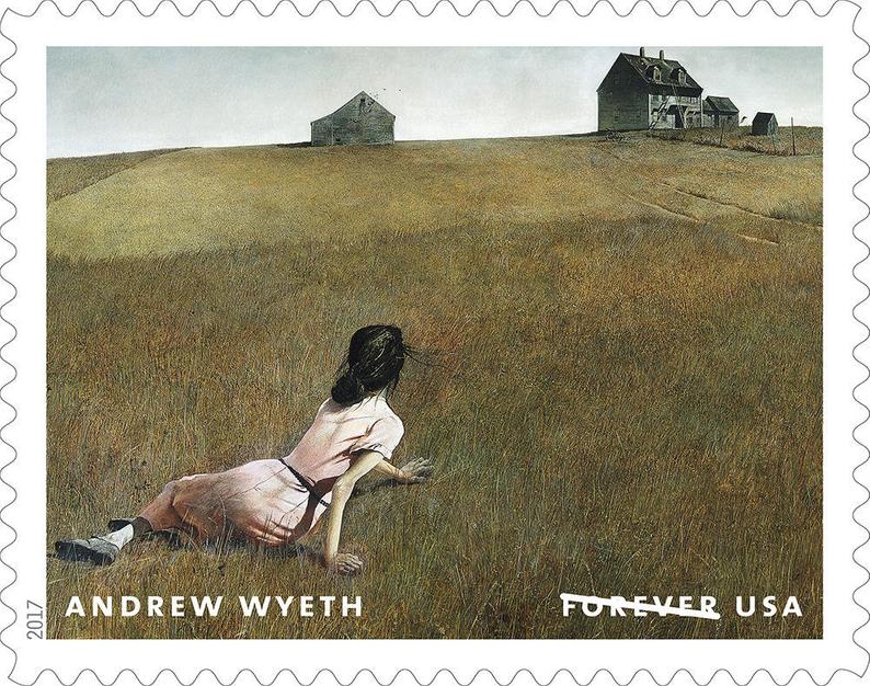 NEAArtsChair's tweet photo. In 2007 Andrew Wyeth received the National Medal of Arts

In 2017 @USPS commemorated the centennial of his birth by issuing stamps featuring Wyeth's art

(R) “Christina’s World” (1948), (L) USPS's stamp https://t.co/VCcuLLNa0W