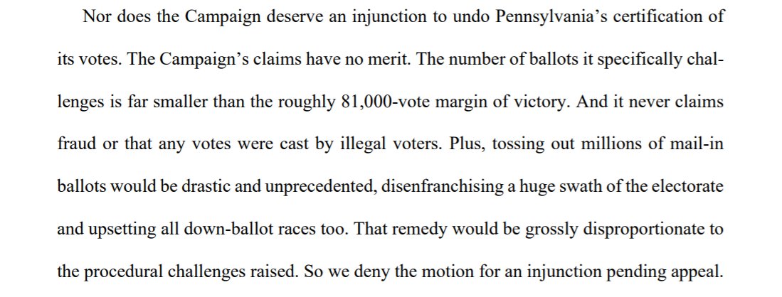 NEW: 3rd Circuit appeals court in Philly denies Trump campaign's request for emergency injunction in challenge to a district court's ruling last week to stop certification of the vote in PA."The Campaign’s claims have no merit," court writes.