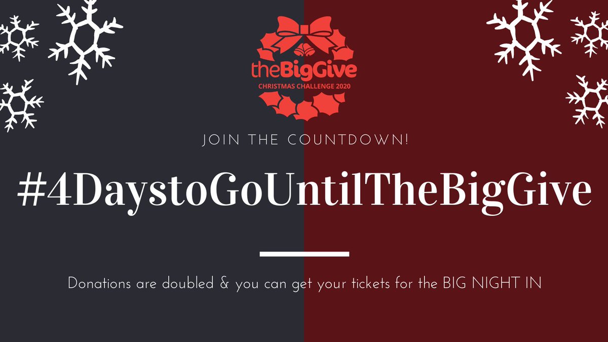 Only 4 days until the @BigGive #ChristmasChallenge20 opens where your donations will be DOUBLED! On top of this, any donation over £20 will receive an invitation link to our #BigNightIn RSVP here; https://t.co/8RCMeHRkUI https://t.co/U1qMDNzuH1