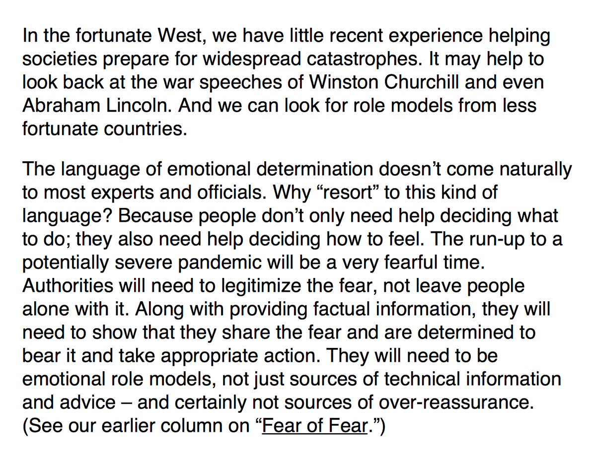 I also find it sort of funny that sandman and lanard recommend that western governments read old wartime speeches to learn how to talk people through a crisis because today's officials are just used to, like, developing and presenting informational bullet points lol