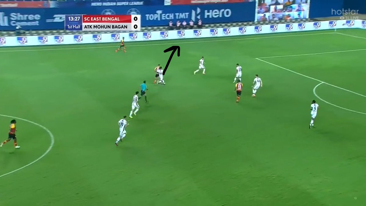 This really hurt ATKMB in the first half because these players continuously found pockets of space, and forced the MB fullbacks to narrow in and close them down. This in turn opened up wide spaces where Narayan and Surchandra could flourish.