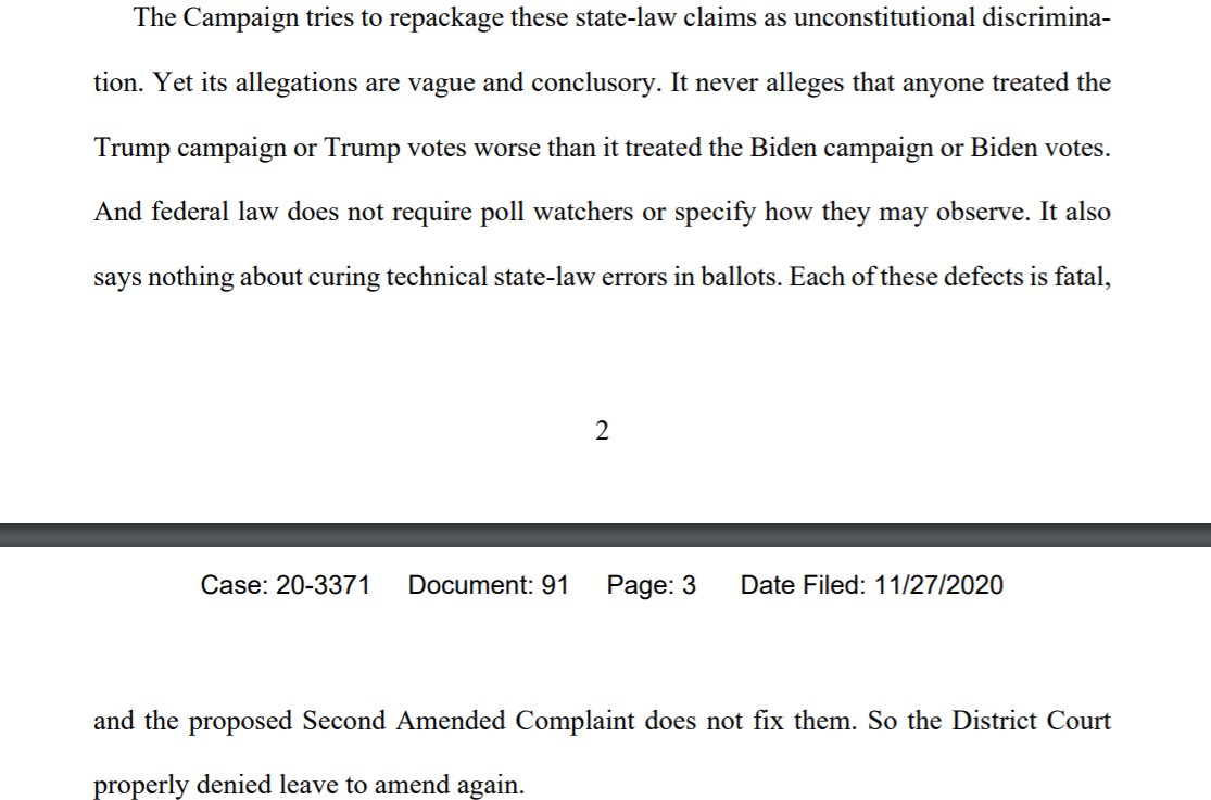 In its narrow appeal of Judge Matthew Brann's decision, the campaign had asked for leave to file a revised version of its original complaint.The 3rd Circuit denied that request too, saying the campaign's "allegations are vague and conclusory."