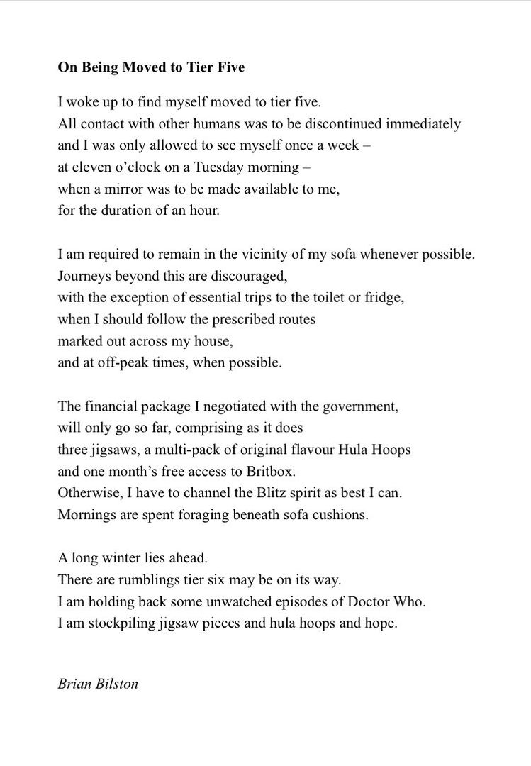 CIEP Official (@The_CIEP) on Twitter photo 2020-11-27 17:30:22 Happy weekend all! If you are in a tier, whatever level it is, enjoy your unwatched episodes and hula hoops, and the hope that there will be no Tier Five, as chronicled by @brian_bilston. Happy weekend all! If you are in a tier, whatever level it is, enjoy your unwatched episodes and hula hoops, and the hope that there will be no Tier Five, as chronicled by @brian_bilston.