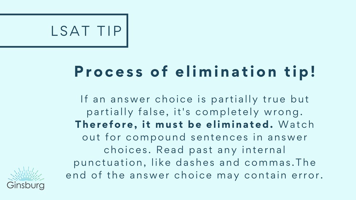 GinsburgAdvance's tweet photo. Process of elimination tip! Check out how you can strategize which answer you pick on the LSAT exam with this helpful tip above. #LSATtips https://t.co/38BNstmmEY