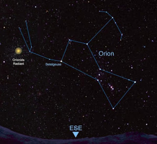 The Orionids are named after the direction from which they appear to radiate, which is near the constellation Orion (The Hunter). The meteor shower's radiant (or point of origin) will be near Orion's club, slightly north of his left shoulder (the star Betelgeuse).