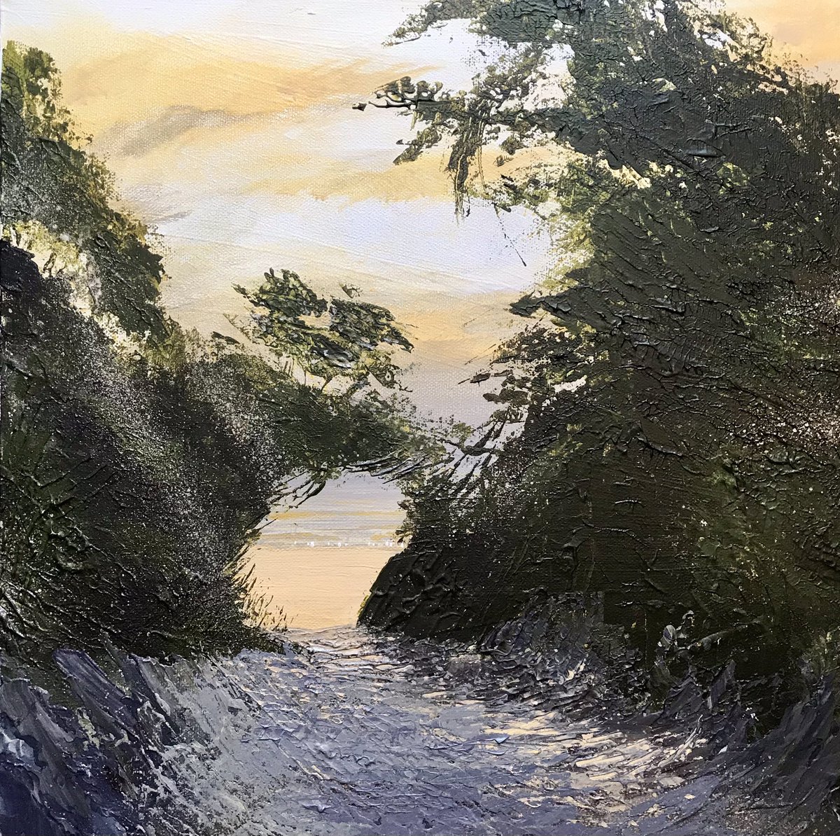 OFF THE EASEL: The second of my light through darkness obsession. ‘Kiln Park Path to South Beach Tenby’ 🌊☀️@TenbyOfficial @PembsContent @pembsweloveit @walesartists #Tenby #Pembrokeshire #WestWalesCoast