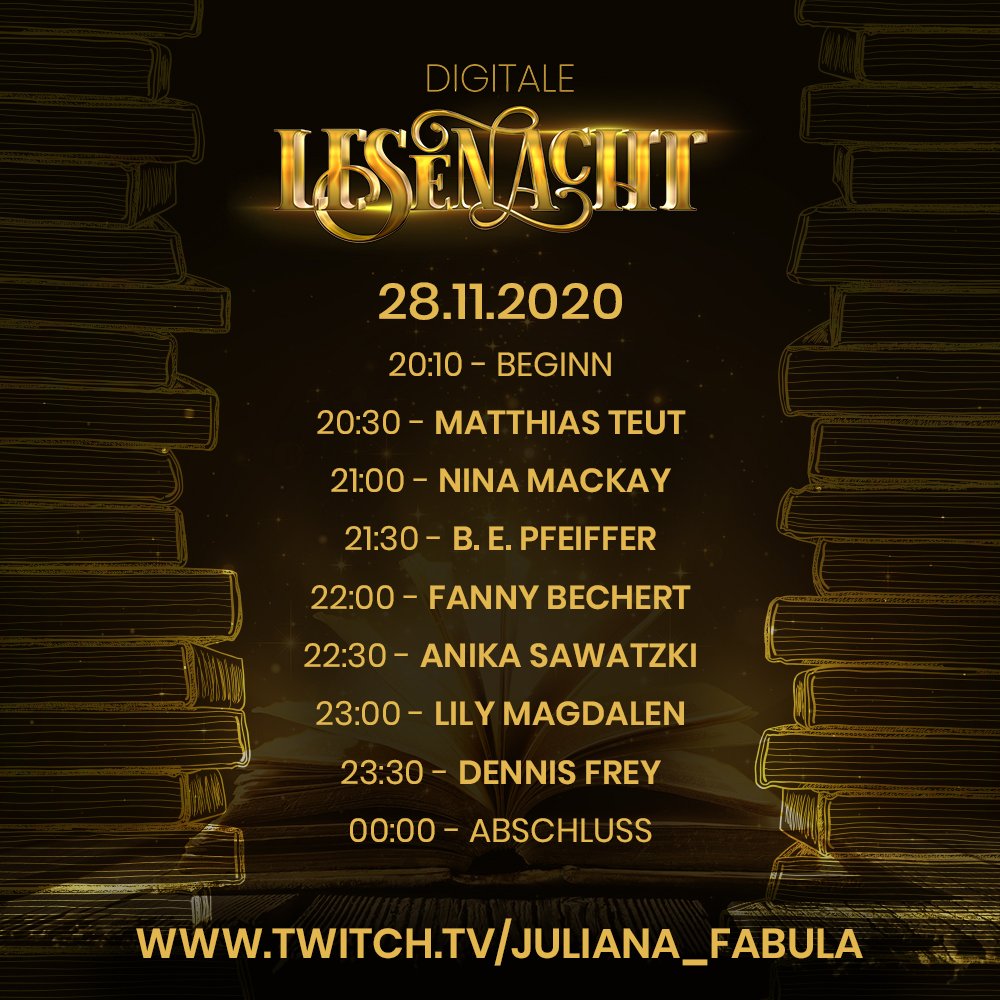 Juliana_Fabula's tweet photo. Ich bin so hyped! Morgen ist die erste #Lesenacht mit ganz tollen Autor:innen! Und ich hab so schöne Twitch-Overlays dafür gebastelt!
Jeden Adventssamstag hier https://t.co/m4lRSHFbwz!
#onlinelesung #livelesung #authorsontwitch #buchevent #booxmas #leseevent
Gerne RT! https://t.co/QkDWcMM2H8