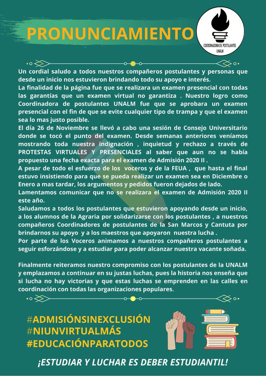 de_unalm's tweet photo. LA LUCHA CONTINUA !!✊✊👊✊ #Admision2021 https://t.co/6Npl93o7TP