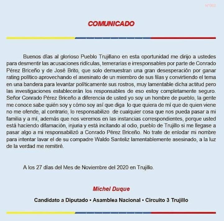 Trujillo_MRT's tweet photo. Comunicado del Camarada @michelduque8 en relación a las infames acusaciones de personeros de la derecha, una bajeza usar la muerte como trampolín para subir en las encuestas, el carro de la historia pasará sobre ustedes, No a la necrofilia política. https://t.co/t1gPHprM2A
