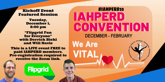 IAHPERD's tweet photo. #IAHPERD20 is here! SO excited for our LIVE Featured Kickoff Session w/@MrBiehlsPE &amp; @Navis_PE: 
"Flipgrid Fun for Everyone!".
Tuesday, Dec 1 at 8 PM. Pre-registration is free 4 paid @IAHPERD members &amp; required to receive the Zoom link:
https://t.co/Y4bXxI9v8N.
#physed #healthed https://t.co/L0Sl9betyQ