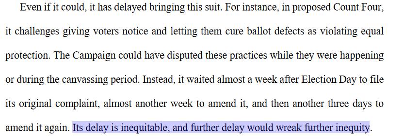 Judge Bibas also mentions the Trump campaigns ceaseless delays, which alone would be enough for them to lose (in my view, I don't know what the Court thinks)