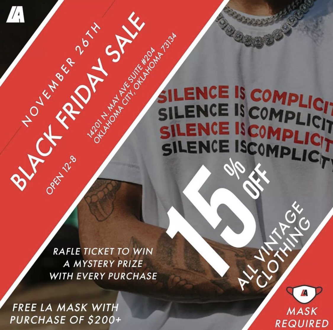 LeagueAboveOKC's tweet photo. Please enjoy our Black Friday sale.  

15% off all vintage items + free League Above masks with every purchase of $200 or more! 

Open 12-9 pm https://t.co/oD12Xb17Mo