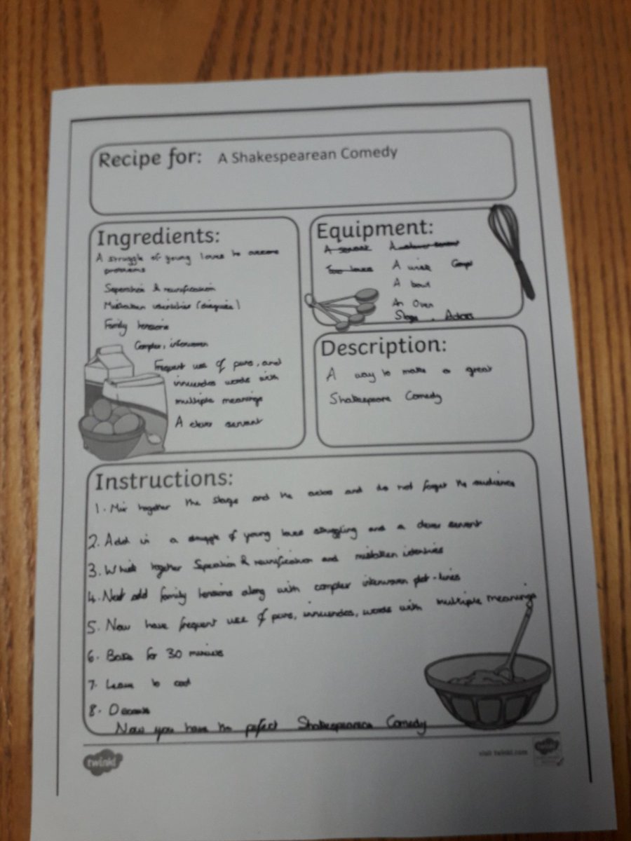 SalgueroMrs's tweet photo. Some amazing recipes for making a Shakespearean comedy from Caitlin L. and Alice T. Well done! #shoutoutfriday @WalesEnglish @WalesHigh2025 https://t.co/ruPSlfd3RE