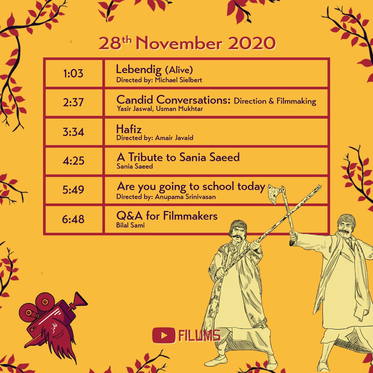 filums's tweet photo. Venue: https://t.co/6EJJWBBYEM
Time: 1PM-7PM PKT
After a successful day one we bring the schedule for day 2. We will be streaming the festival on FILUMS Youtube Channel from 1PM PKT (12 AM PST) onwards. Don’t forget to be there!
#FILUMS20 #filmnahifilum #FilmNahiFILUM https://t.co/07NU2JauPu