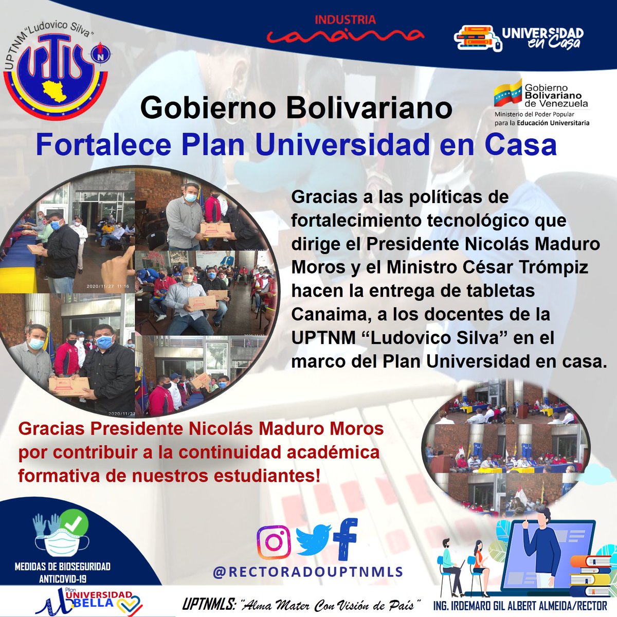 RECTORADOUPTNM's tweet photo. GOBIERNO FORTALECE PLAN UNIVERSIDAD EN CASA. Gracias a las políticas de fortalecimiento tecnológico a las universidades @arbolve por el Presidente @NicolasMaduro Ministro @CTrompiz2  Rector @ildemaroga1  y el acompañamiento de la Gobernadora @_LaAvanzadora y candidato @OmarPSUV_ https://t.co/PkWsgqjhy9