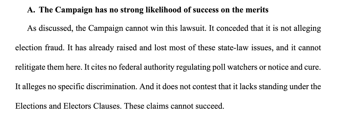 ..."futile." Not "oh, fraud fraud fraud! Unfair unfair!" Futile. That means, cannot be won. Can't prove. Trump judge says futile.He doesnt stop there. Judge also says the "poll monitor blocked!" is not a real claim. And in fact, monitors aren't even required by law..../4