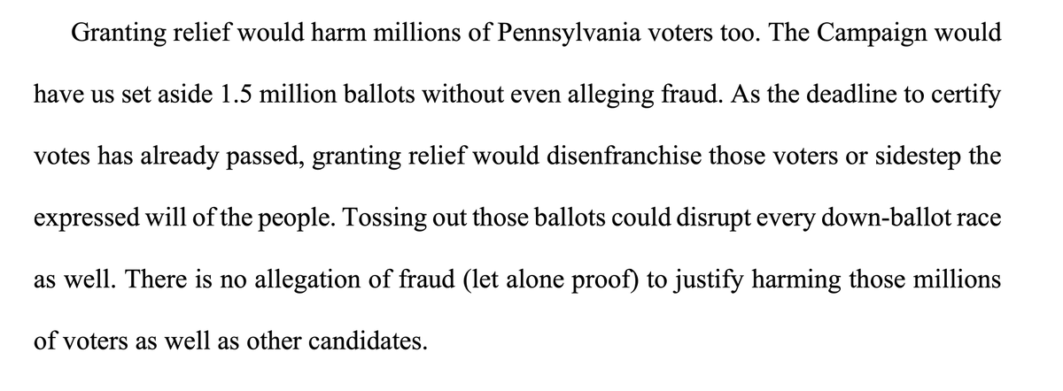 ...but this is the best. The Trump-nominated judge slays Trump and Giuliani, pointing out they want to throw out 1.5 million votes *when they have zero allegations or proof of fraud or wrongdoing in any of those votes"..../6