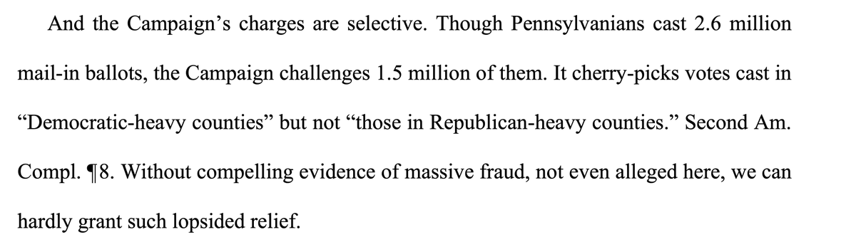 ...the Trump-appointed judge also notes: Trump and Giuliani don't want to throw out votes across the whole state because "unfair!" - they only want to cherry pick democratic-voting districts and only throw out votes there DESPITE no evidence or allegations of fraud anywhere.../7
