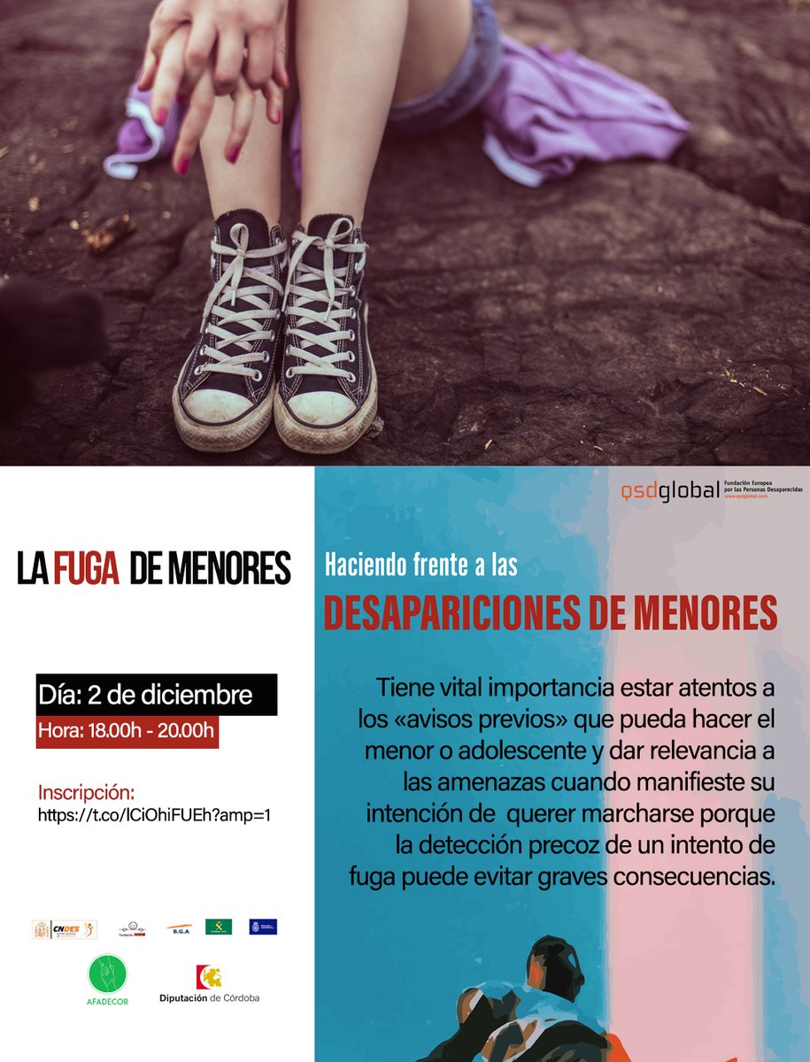 Nuestra próxima jornada formativa online “Haciendo frente a las desapariciones de menores” tratará sobre “La Fuga de menores” y contaremos para ello de especialistas en el tema
¡Acompáñanos!

🗓 02/12/20
⌚️18h-20h

Inscripción: 👉ow.ly/nBfz50ChKSH

#LaFugaDeMenores