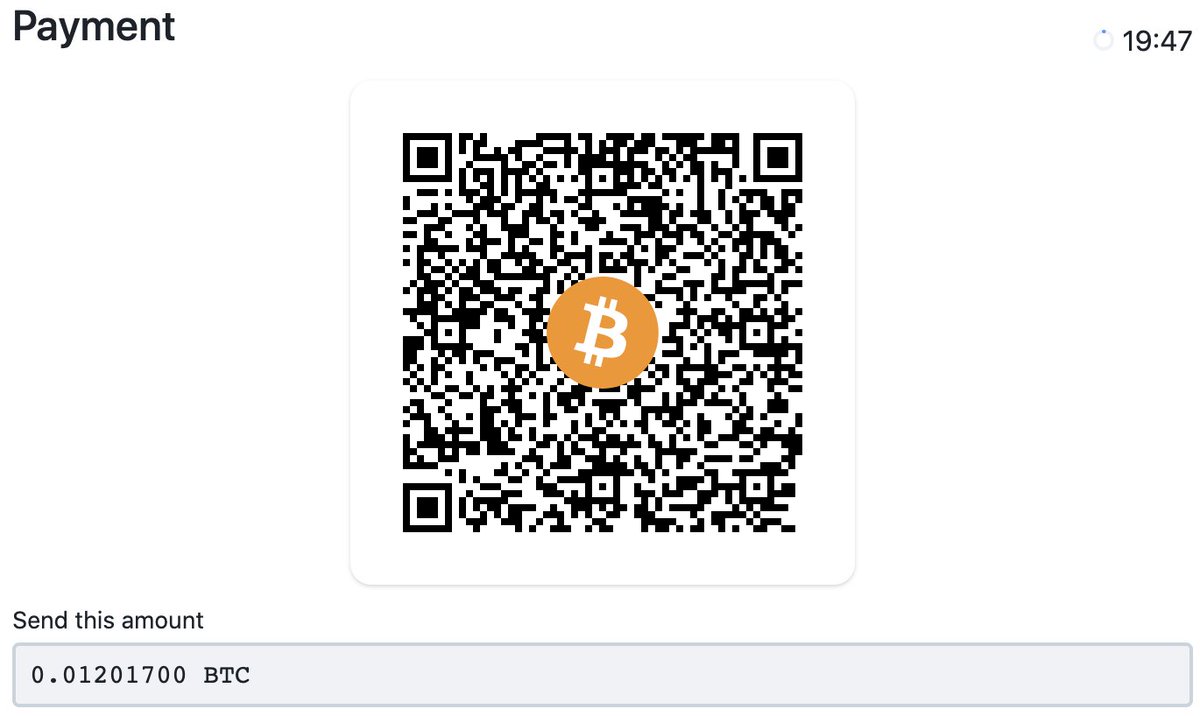 5/8 Here's what it looks like on the merchant side ( @bitrefill) you shop, checkout, and get a standard QR code to pay in Bitcoin or Lightning. Scan this QR code with  @ln_strike, and bam - invoice paid, and satsback earned at BitRefill!